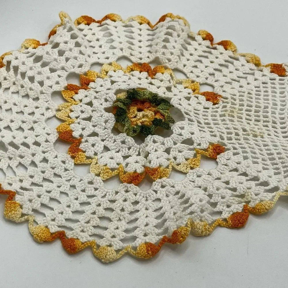 Vintage Set Of Doilies Yellow Trim Flower Centers Three